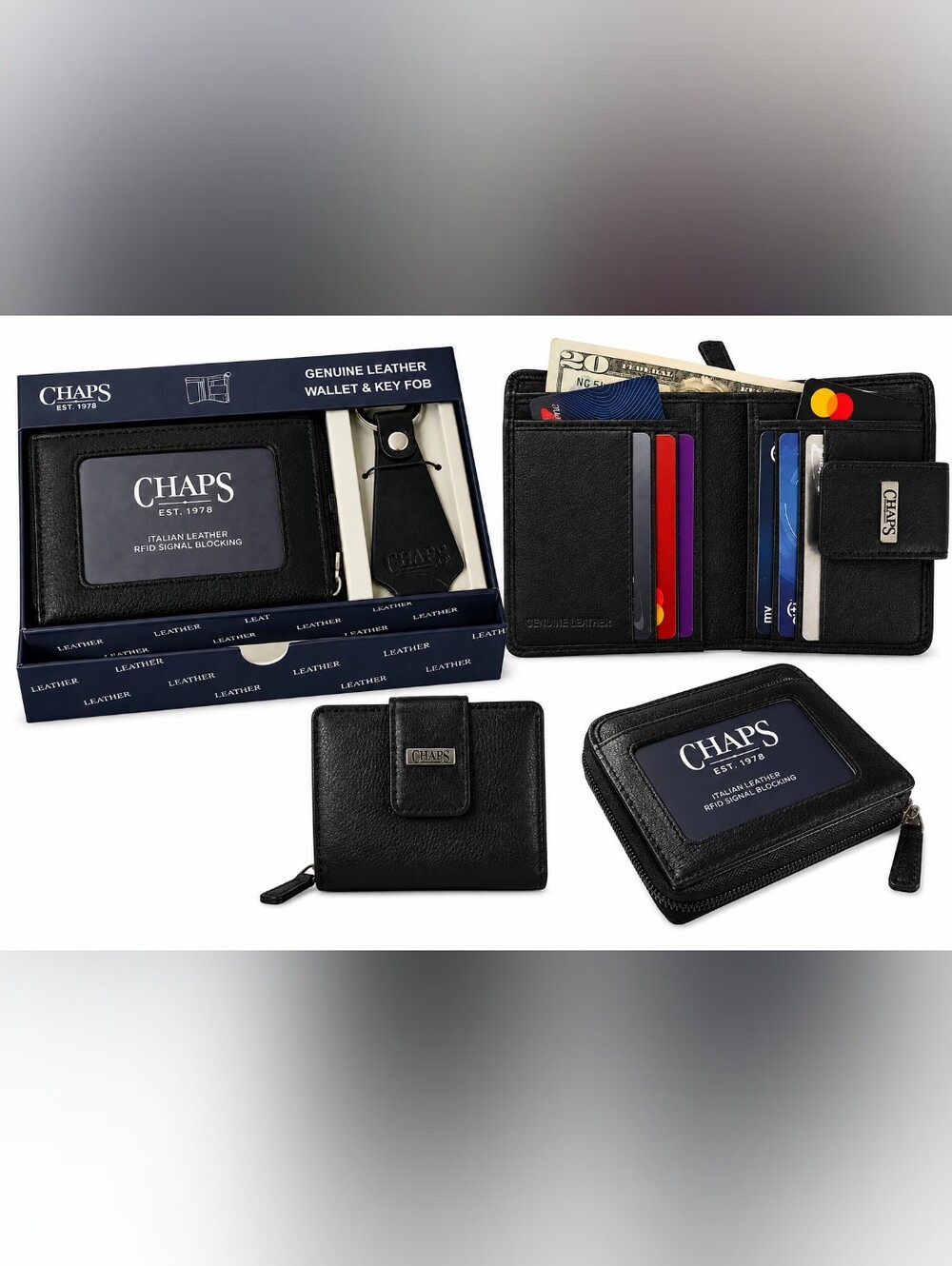 Womens Chaps Italian Leather Black RFID Zipper Purse Credit Card Wallet Giftset